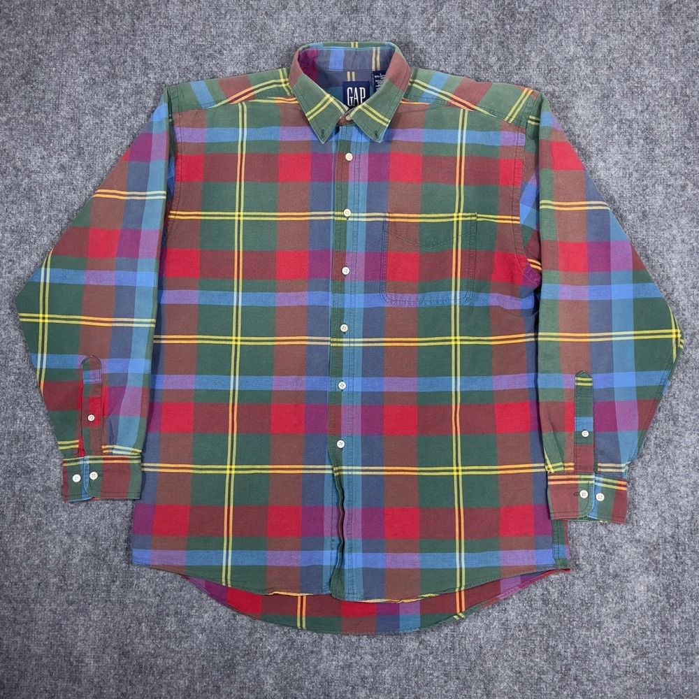 GAP Button Down Shirt Mens Large Multicolor Plaid Flannel Vintage 90s USA Made